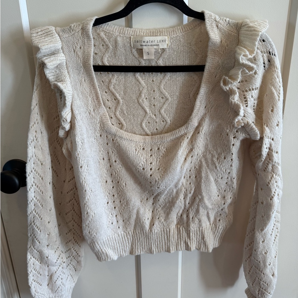 saltwater LUXE Cream Open-Knit Ruffle-Shoulder Scoop Sweater